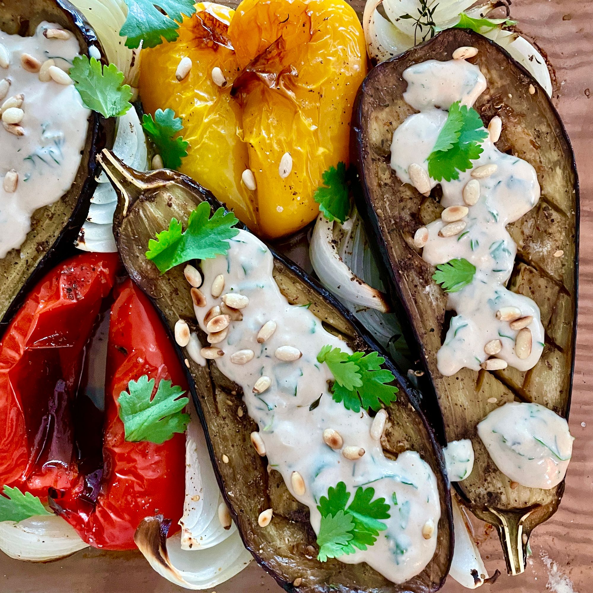 Olive Oil Za’atar Eggplant Casserole with Herbed Tahini