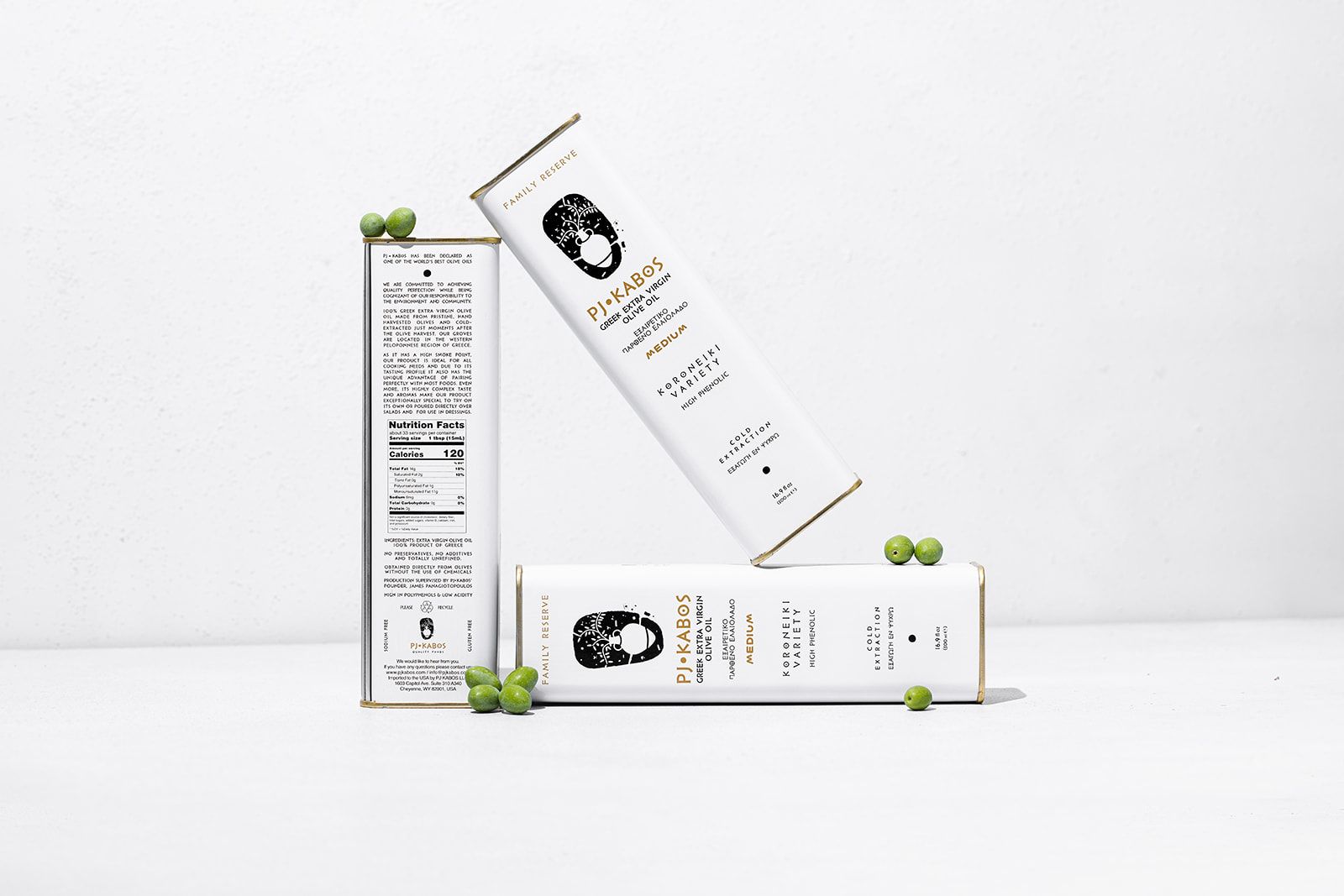 Front back and side of a tin of 2023 Gold Medal Winner, High Phenolic (521mg/kg), Premium Greek Extra Virgin Olive Oil