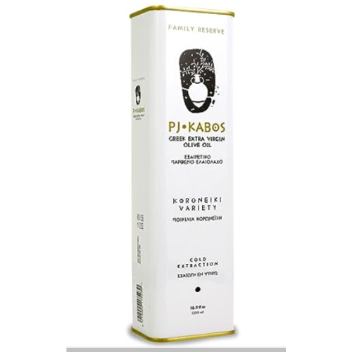 A tin of high-quality PJ KABOS extra virgin olive oil.