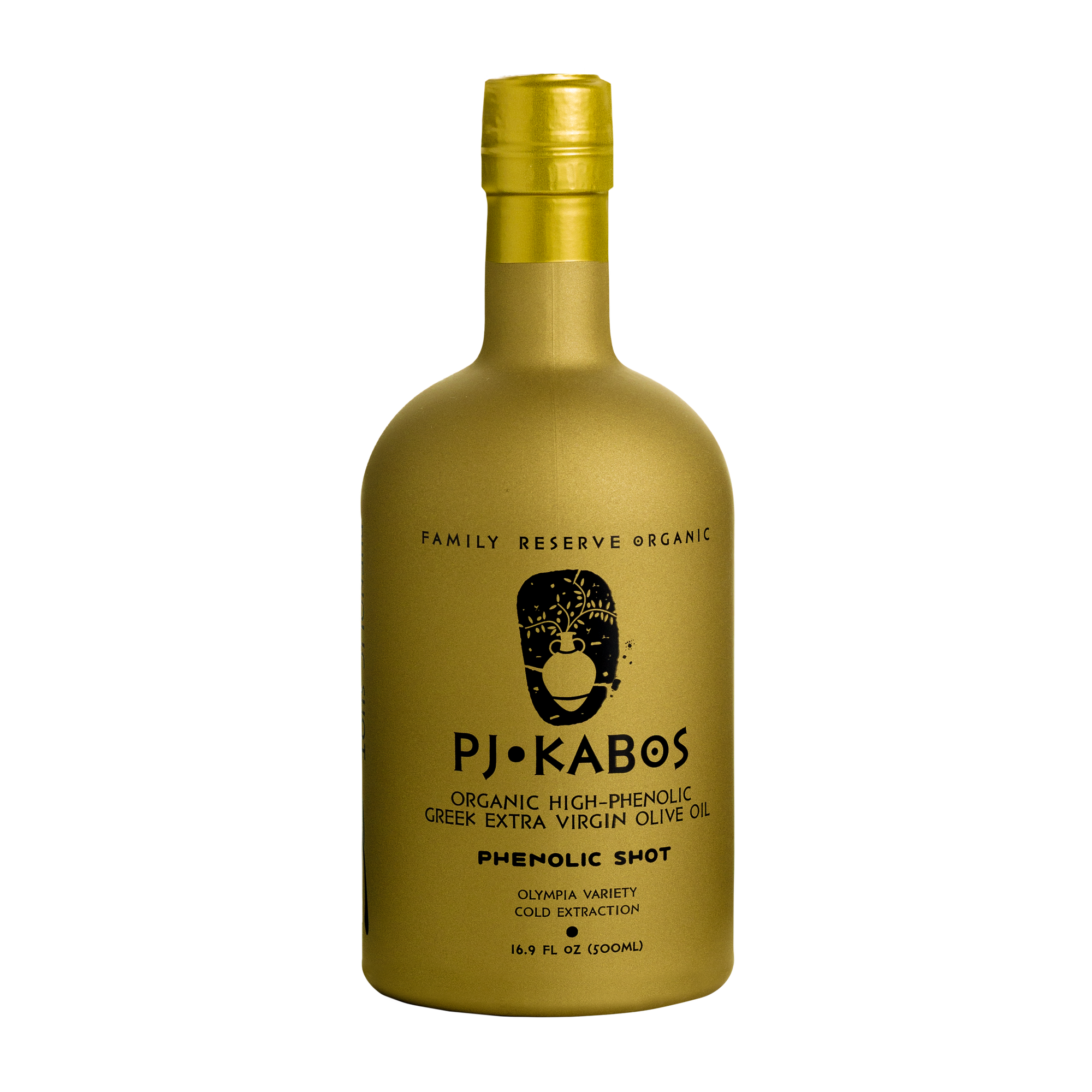 High in polyphenols, high squalene gold bottle of EVOO--extra virgin olive oil.