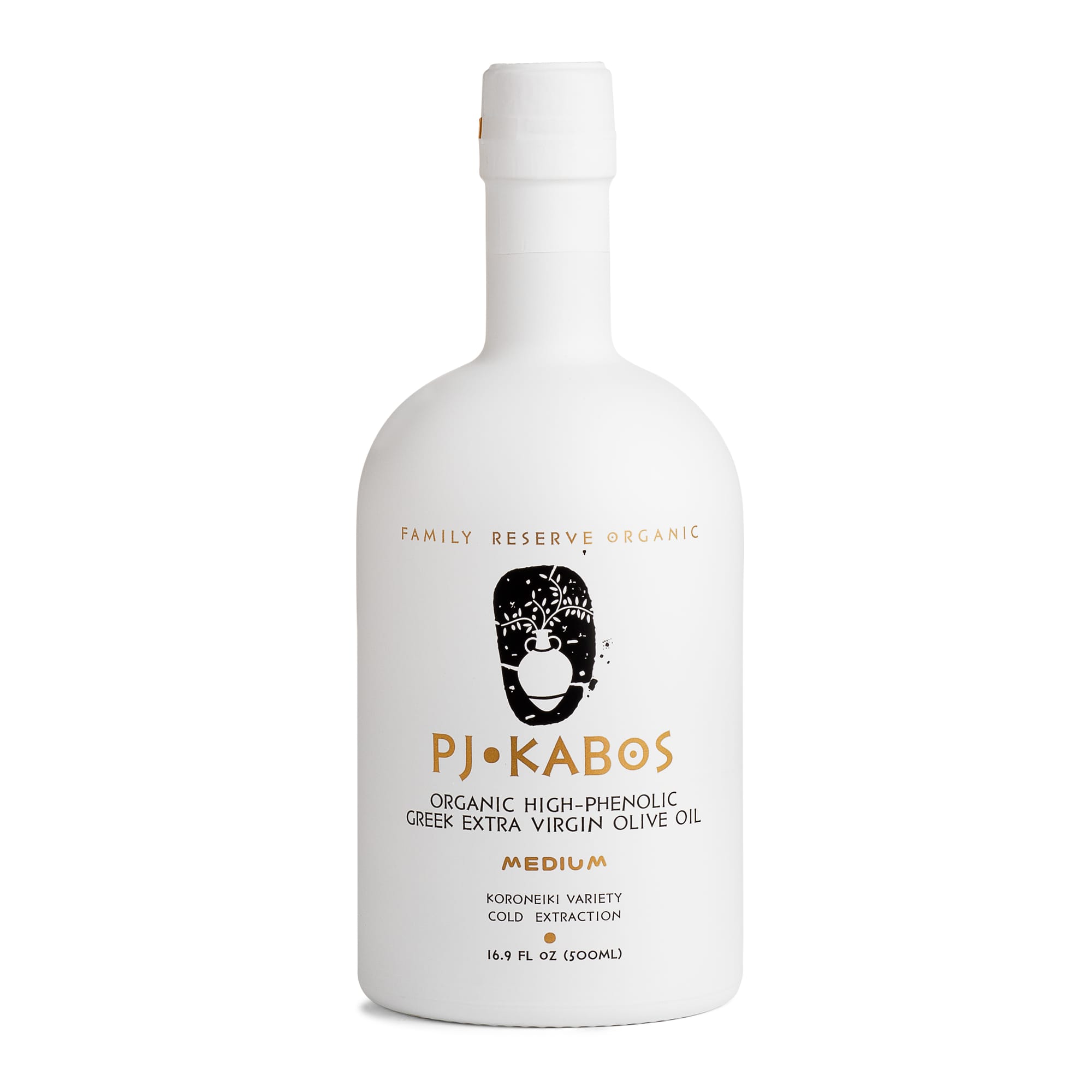 A bottle of PJ KABOS High-Phenolic Extra Virgin Organic Olive Oil, Medium taste intensity (white bottle) is shown. It is a glamour shot.