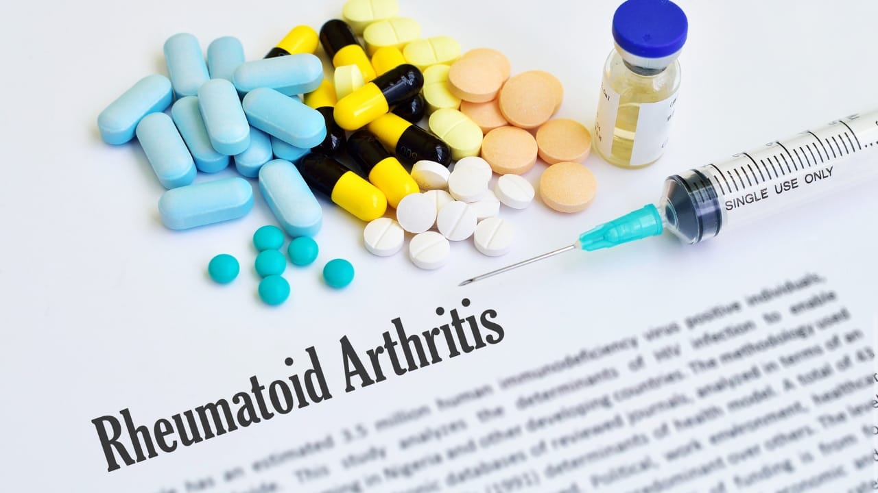 The struggles of rheumatoid arthritis are depicted alongside the array of pills and injections people seek for relief.