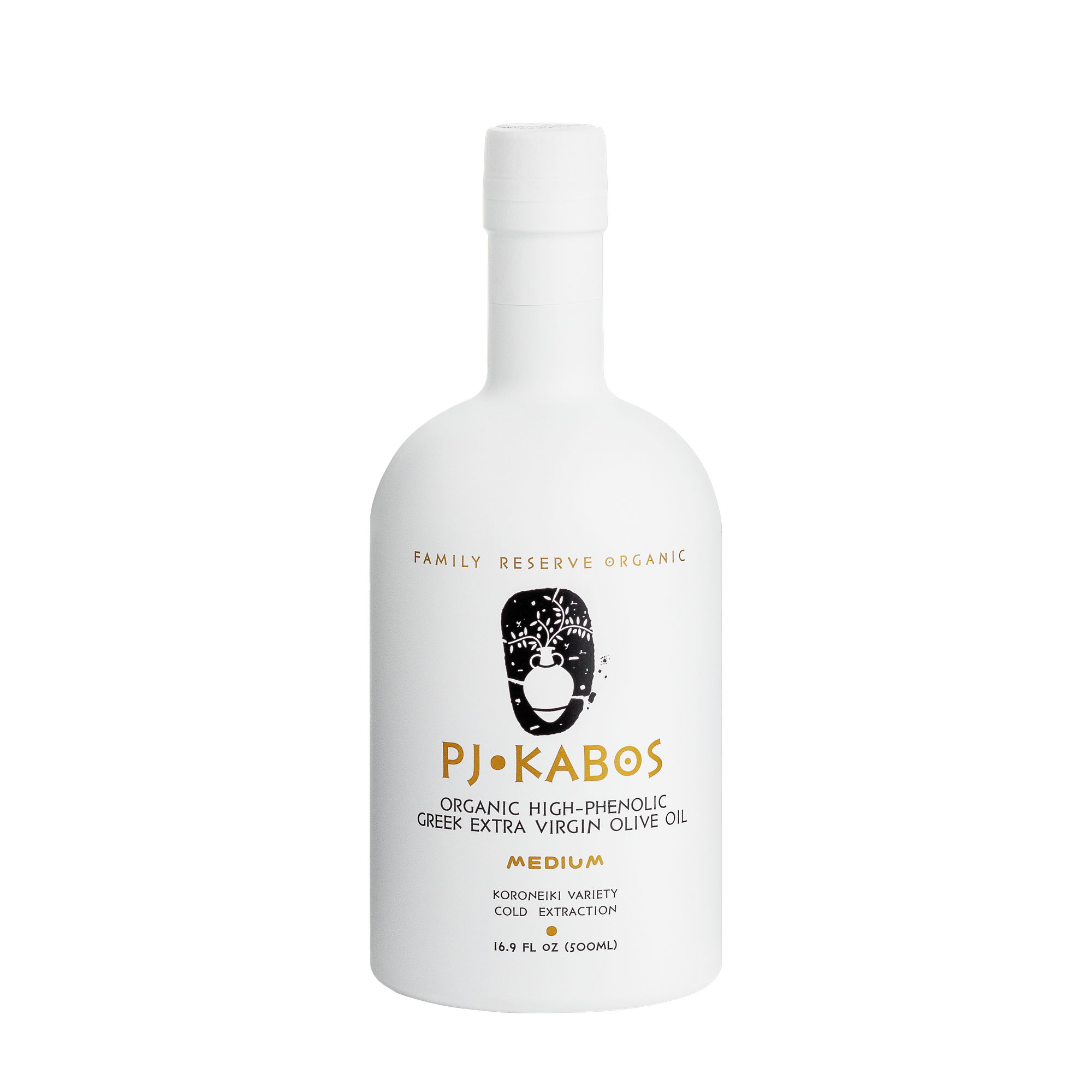 A beautiful white bottle of PJ Kabos Family Reserve Organic – Medium – High Phenolic Extra Virgin Olive Oil.