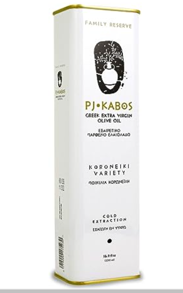 A tin of PJ Kabos Family Reserve—Medium Taste Intensity—High Phenolic Extra Virgin Olive Oil.
