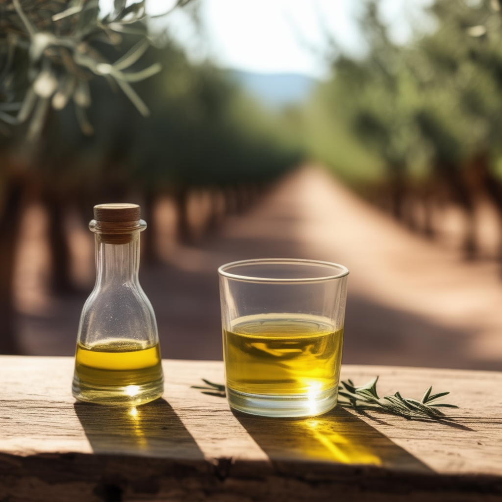 A crystal-clear shot glass of liquid gold rests serenely amidst the verdant olive groves, a humble tribute to the tranquil origins from which it emerged.