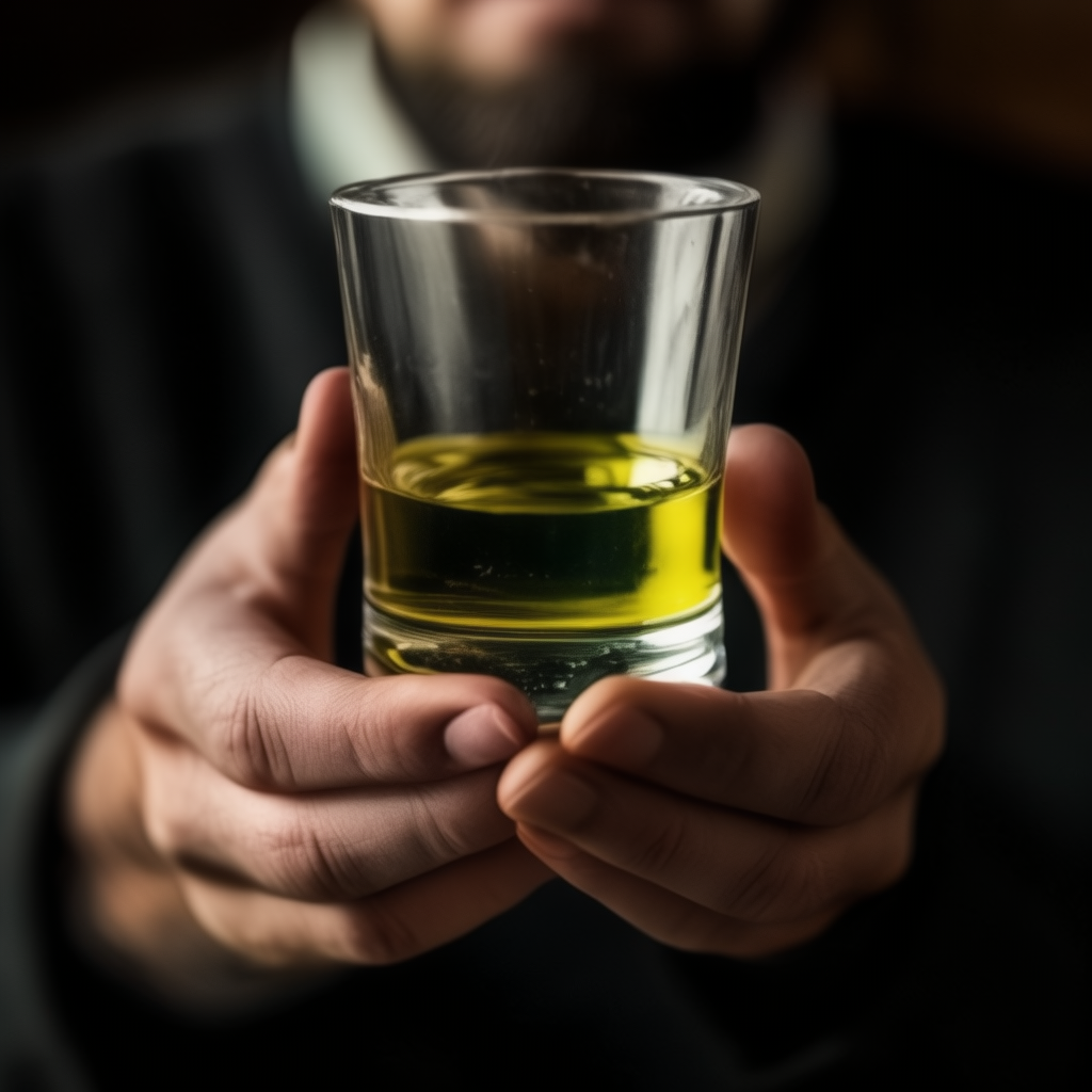 A man holding a shot glass of high-phenolic olive oil. He is just about ready to take the EU health claim recommended daily amount of olive oil polyphenols