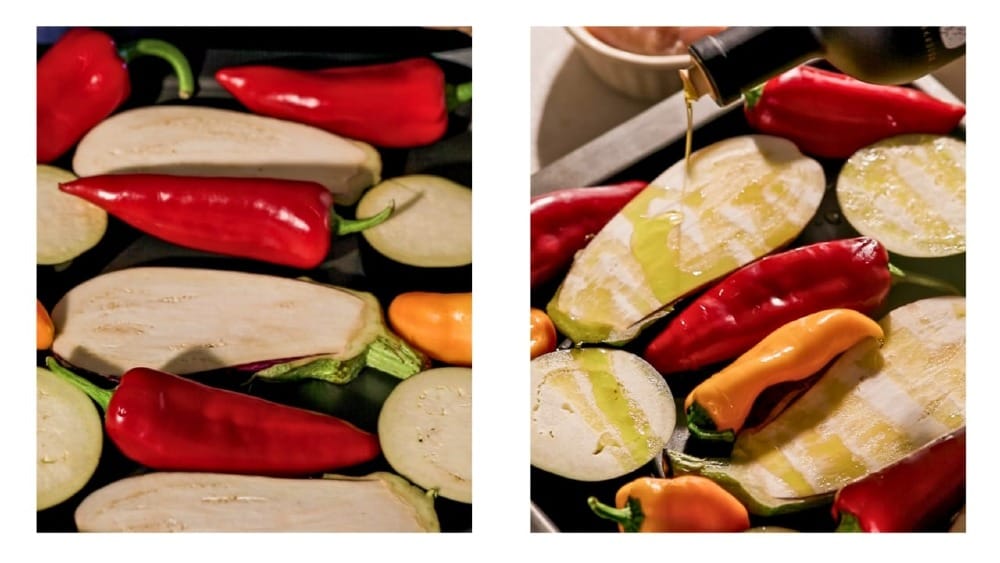 PJ Kabos Family Reserve Organic Robust Extra Virgin Olive Oil being poured over eggplants and peppers on a roasting pan.