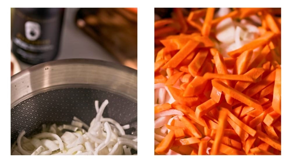 PJ Kabos Family Reserve Organic Robust Extra Virgin Olive Oil poured into a frying pan; carrots and onions about to be sautéed.