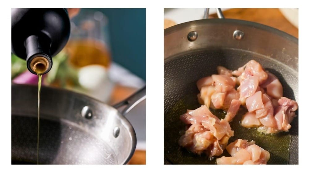 PJ Kabos Family Reserve Organic Robust Extra Virgin Olive Oil being poured into a frying pan to sauté chicken breasts.