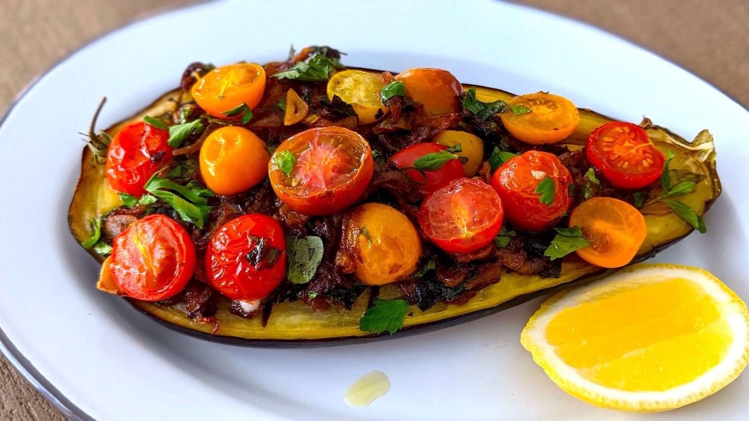 Olive Oil Roasted Eggplant with Caramelized Onions and Tomatoes Recipe