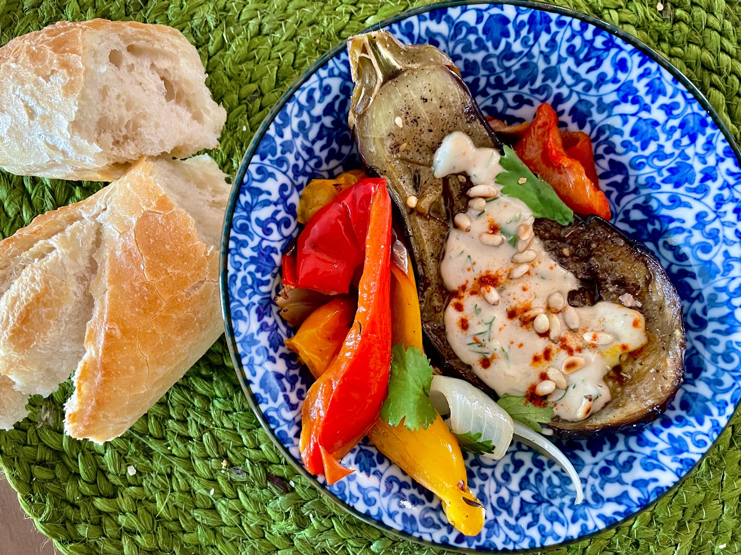 Olive Oil Za’atar Eggplant Casserole with Herbed Tahini